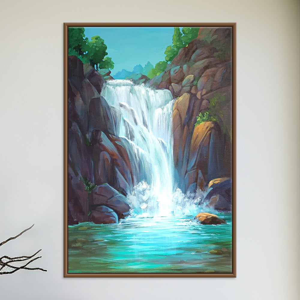 Mountain Waterfall Painting | Peaceful Nature Art for Wall Décor