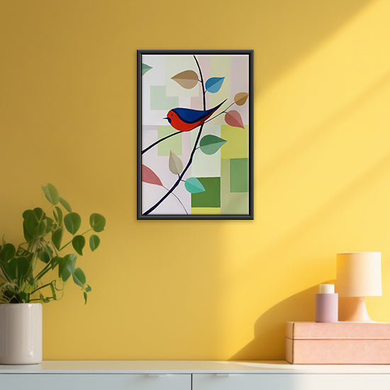 Red Bird’s Leaf Song Art | Crimson Bird & Leaf Melody | Handmade Canvas Art