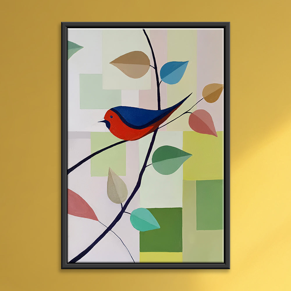 Red Bird’s Leaf Song Art | Crimson Bird & Leaf Melody | Handmade Canvas Art