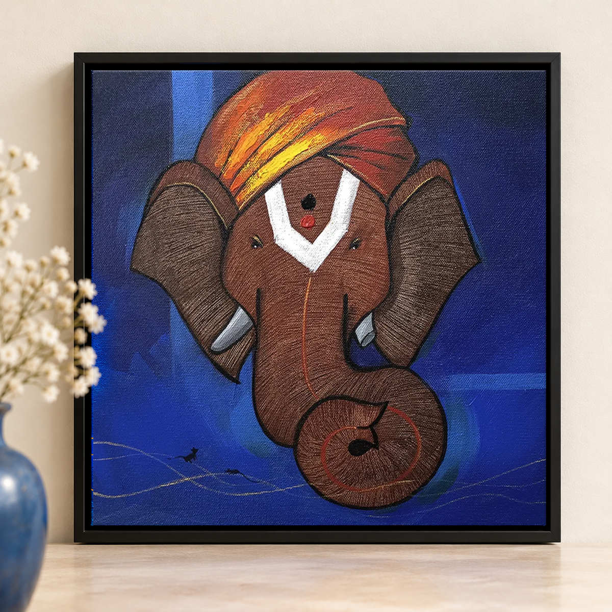 Contemporary painting of Lord Ganesha with regal, richly adorned ornamentation, 12" x 12" original painting