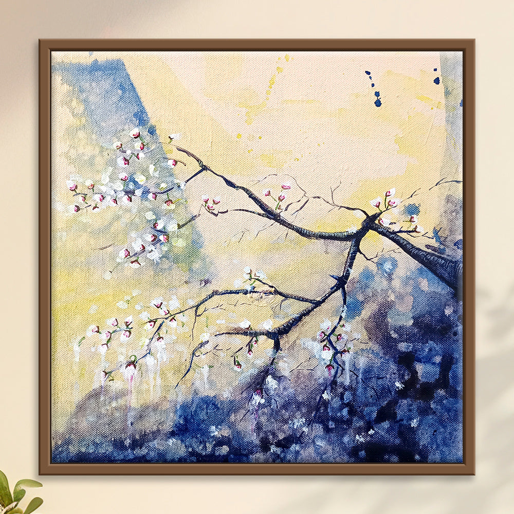 Between Bud and Sky | Handmade Floral Landscape Painting for Wall Décor