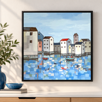 Harbor Reflections | Coastal Village Painting by Sajaao - Image 1