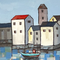 Harbor Reflections | Coastal Village Painting by Sajaao - Image 3