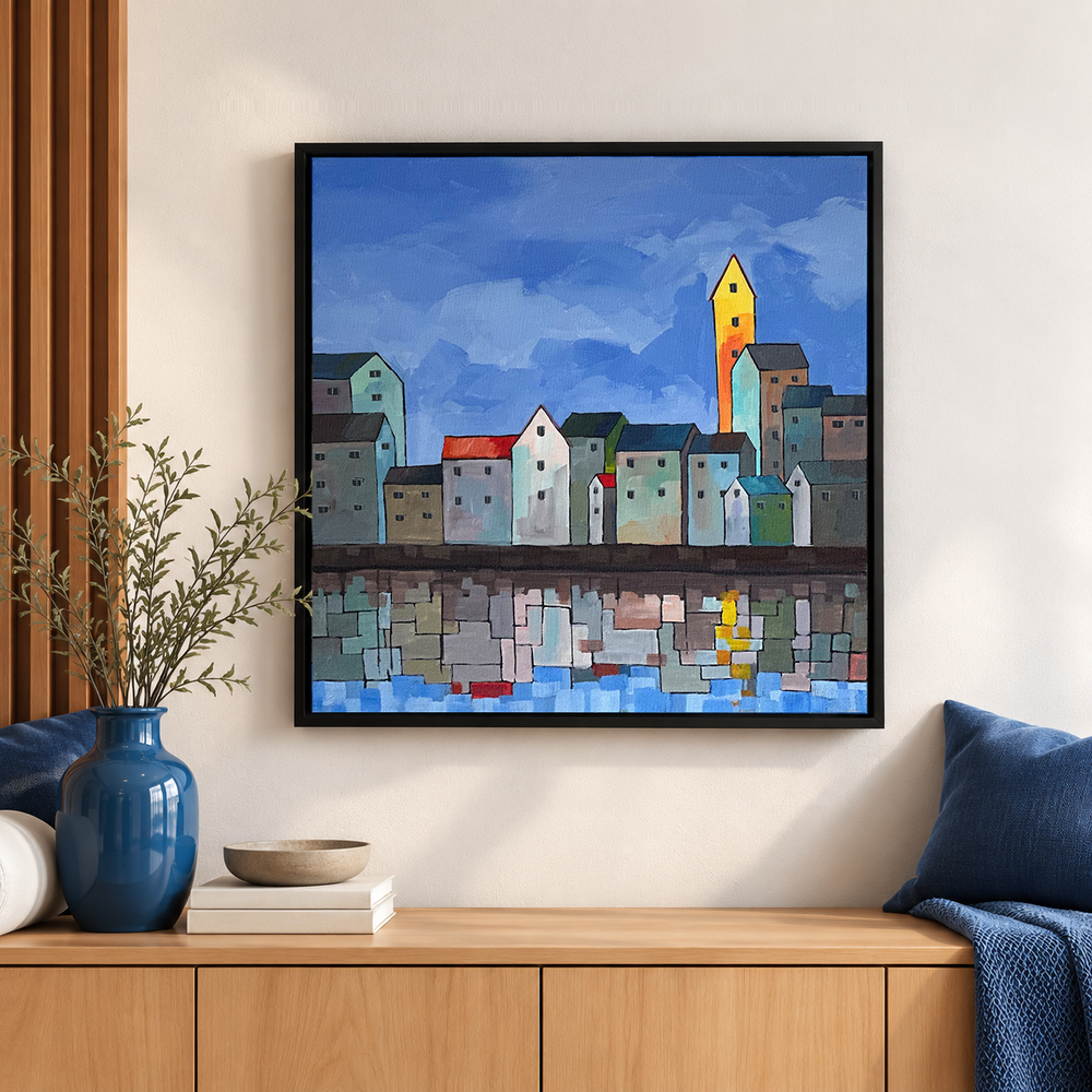 Cobblestone Bloom | Coastal Village SLandscape Painting, Rivert Painting by Sajaao