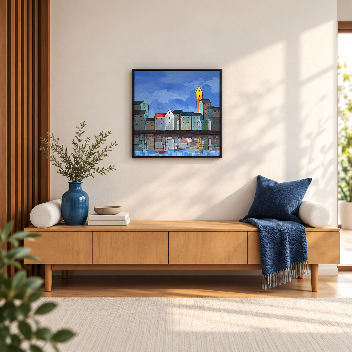 Cobblestone Bloom | Coastal Village SLandscape Painting, Rivert Painting by Sajaao