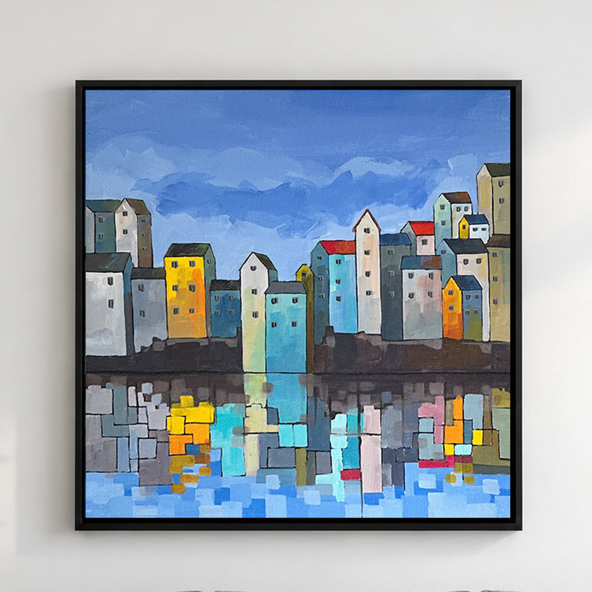 Painting of a waterfront village at dusk with small lit windows glowing along the harbor front and moored boats