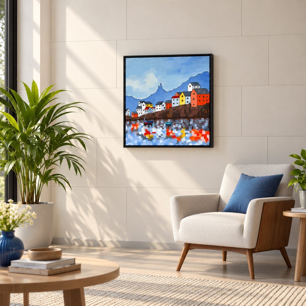 Harbor Hills | Coastal Village Landscape Painting by Sajaao