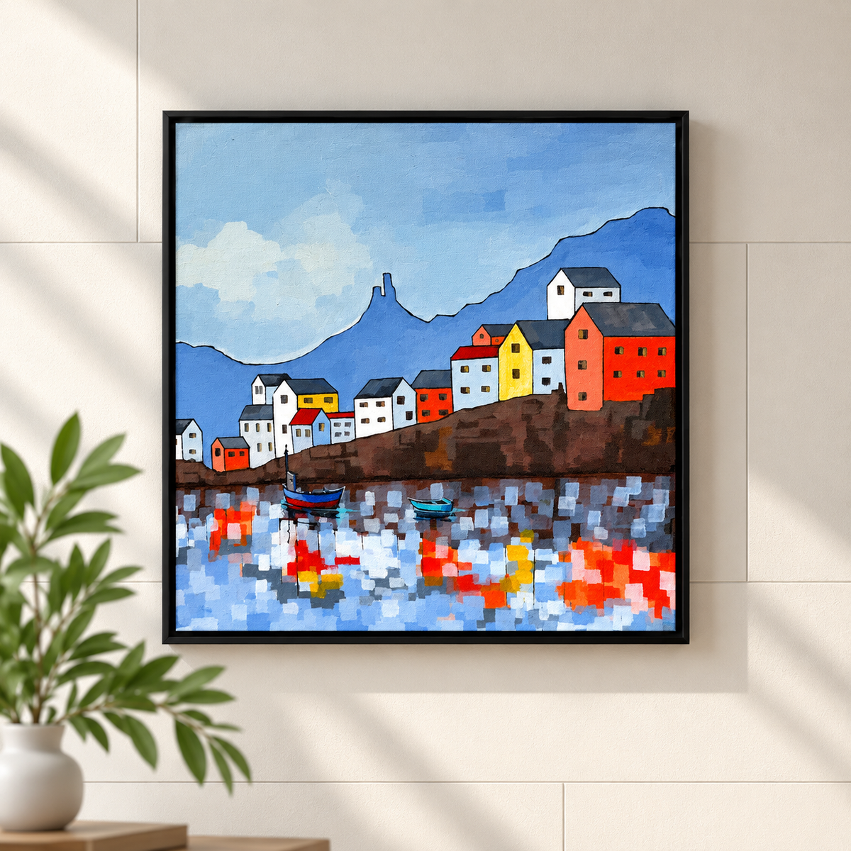 Painting of tiered coastal houses with terracotta roofs climbing a steep hillside above a harbor, 18" x 18" original painting
