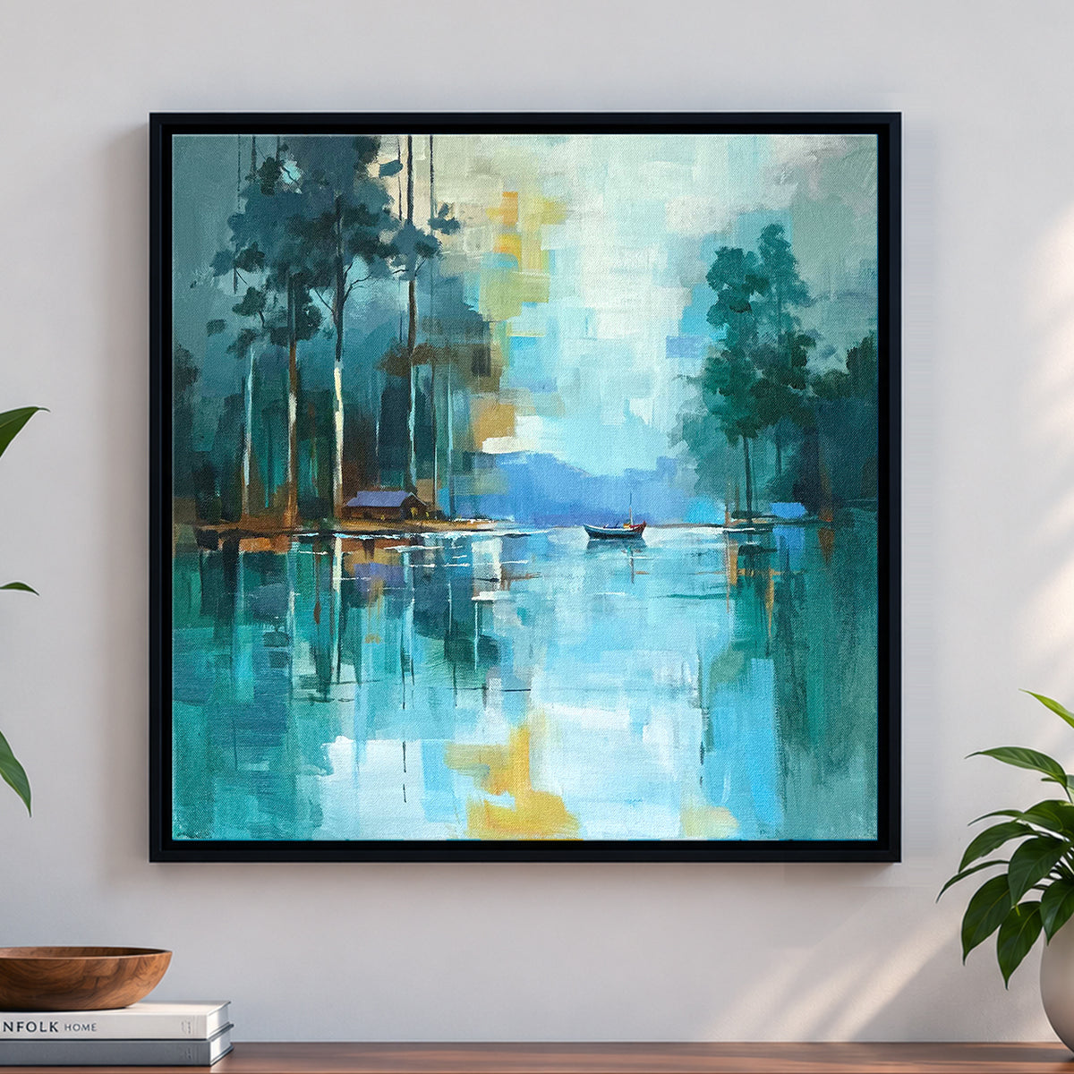 Painting of a still lake mirroring the Landscape Painting, River line and sky almost symmetrically in a quiet scene, 18" x 18" original painting