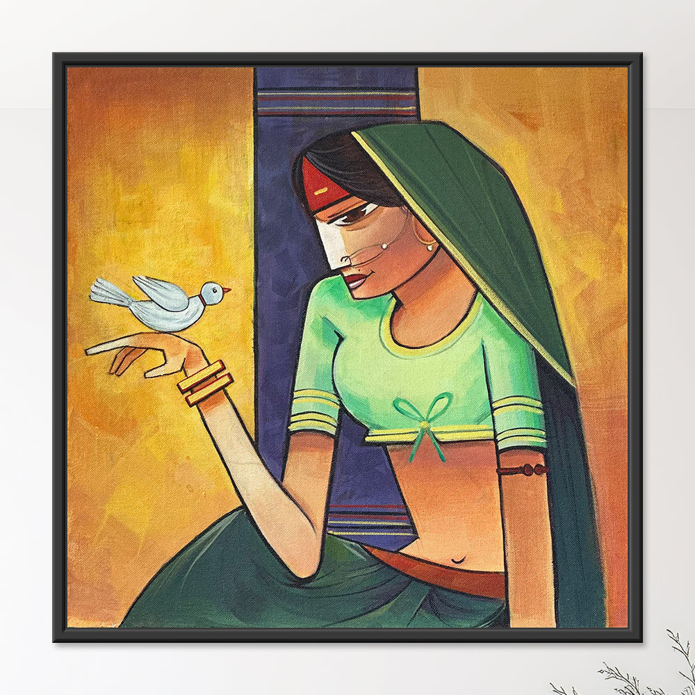 Painting of a traditional Indian woman depicted with a bird in a figurative composition, 18" x 18" original painting