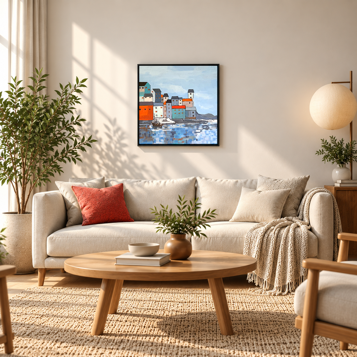 Azure Harbor | Coastal Village Contemporary Painting by Sajaao