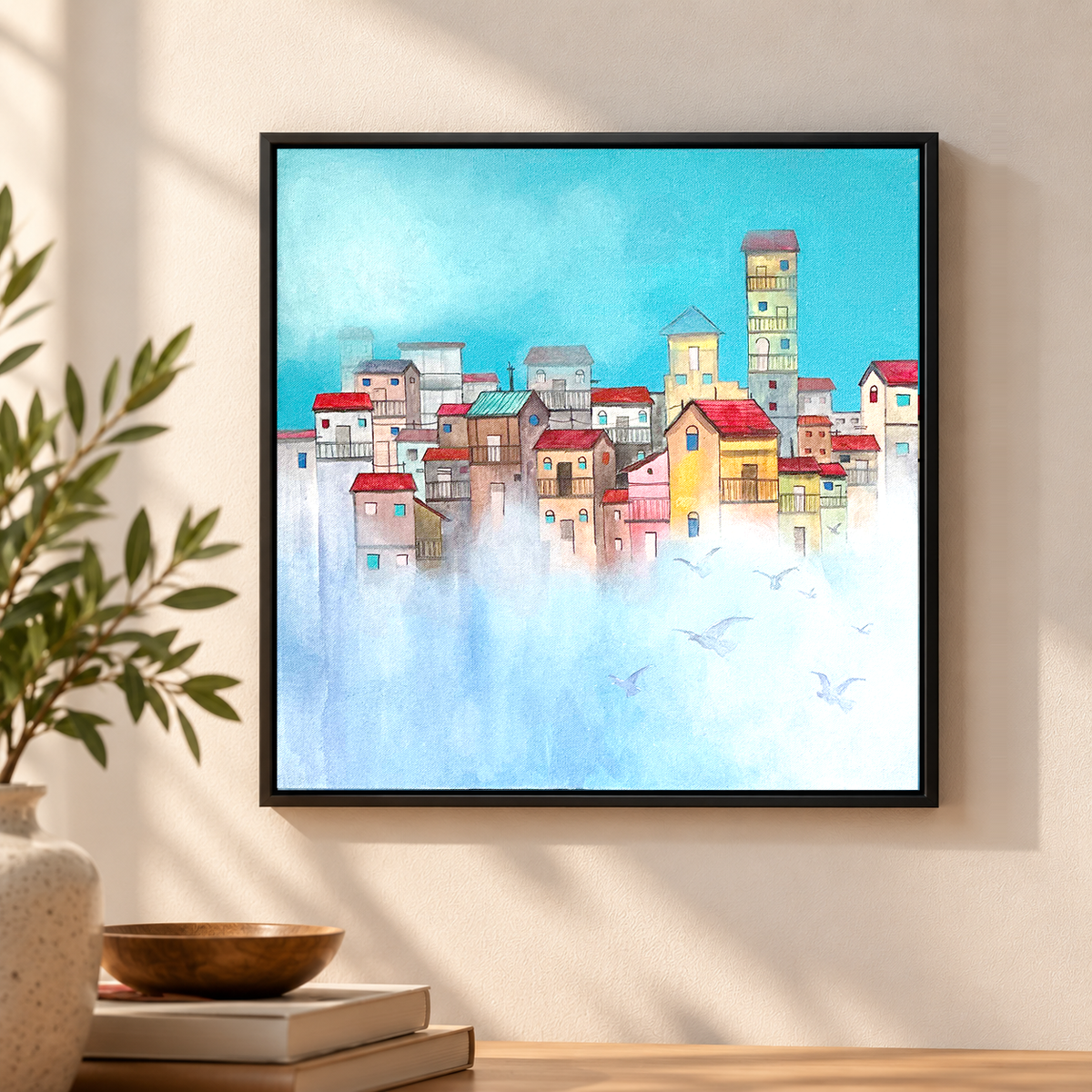 Painting of a cityscape softened by mist with building silhouettes fading into a pale dreamlike horizon, on canvas