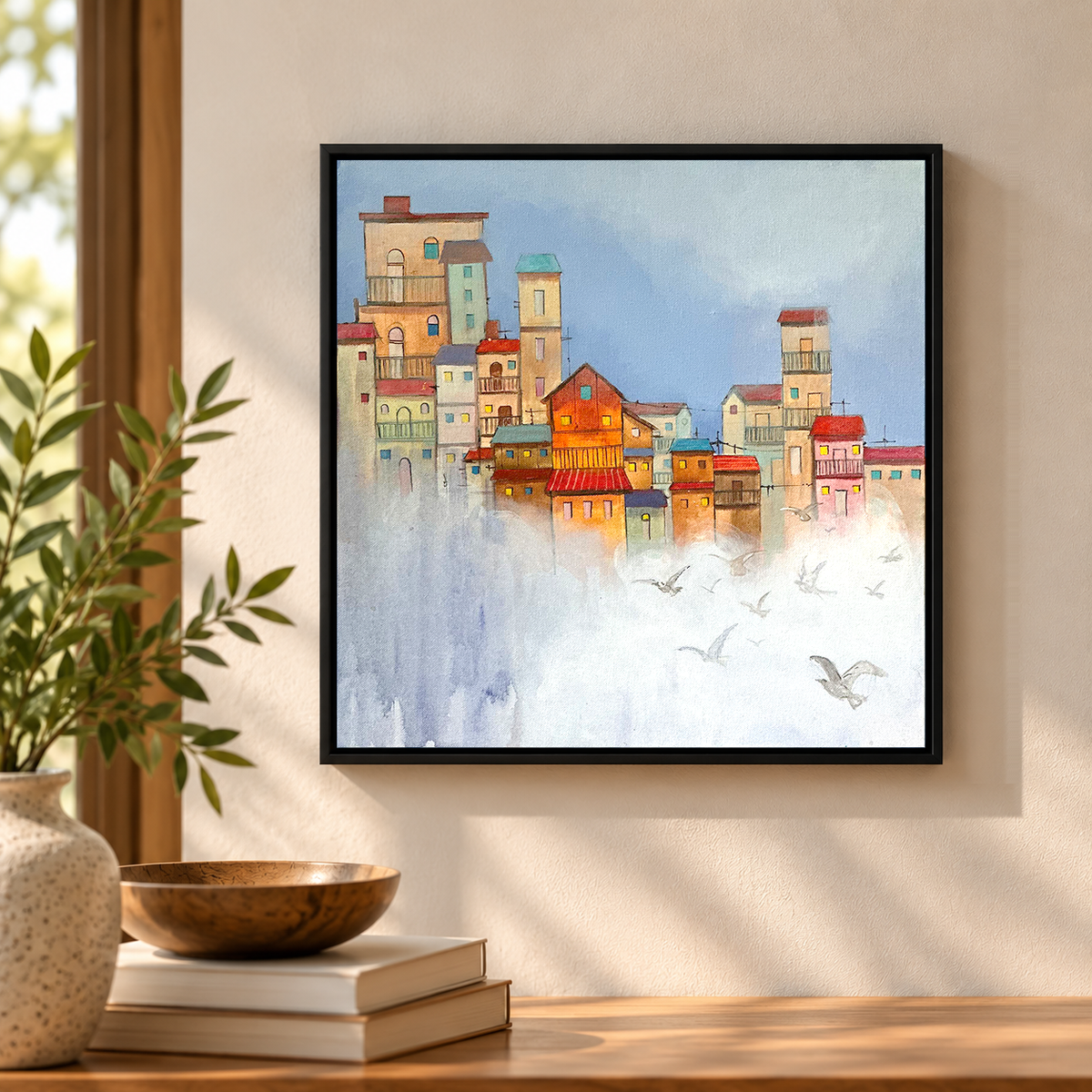 Painting of a village skyline emerging through morning mist in soft contemporary brushwork, 18" x 18" original painting