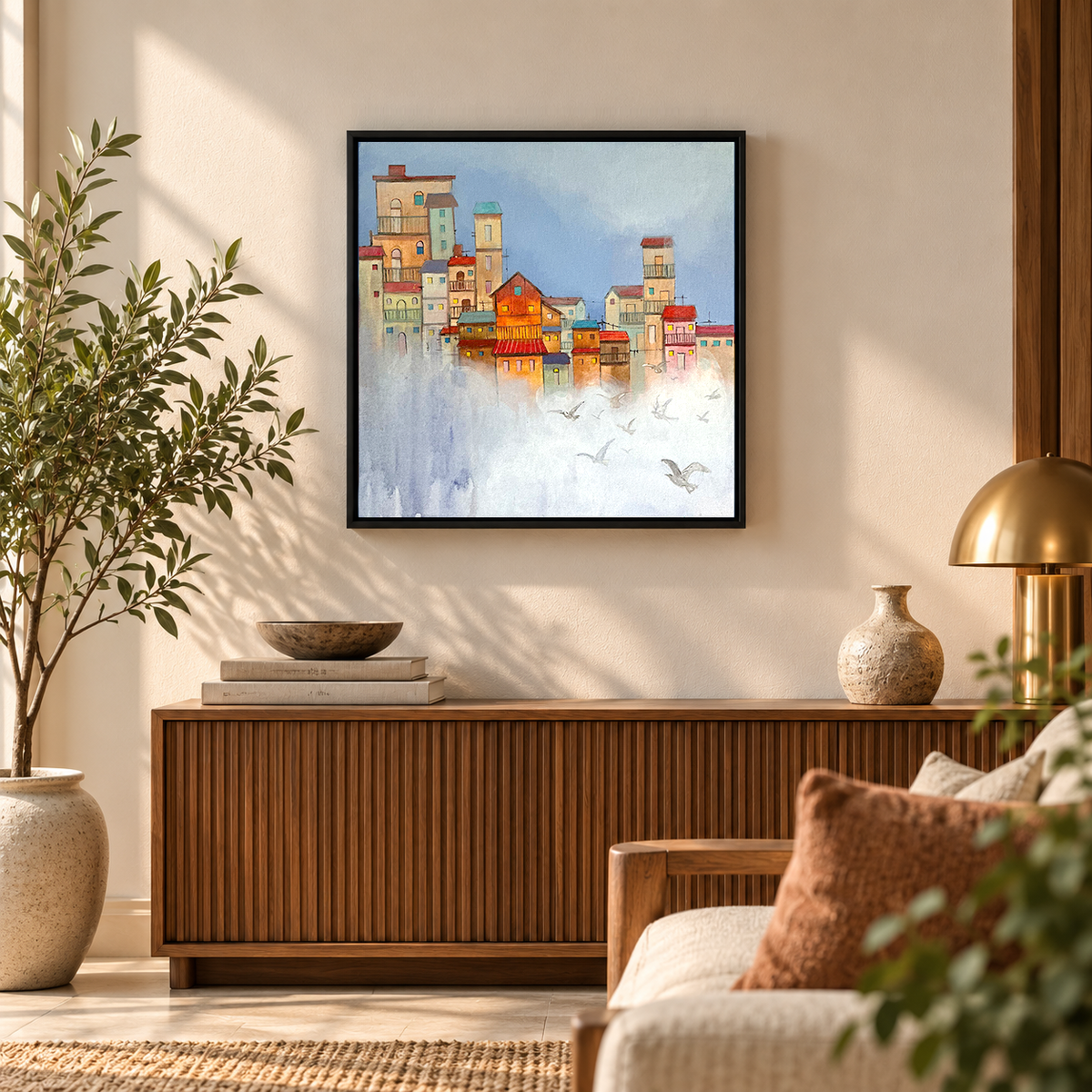 Morning Mist Village | Contemporary Cityscape Painting by Sajaao