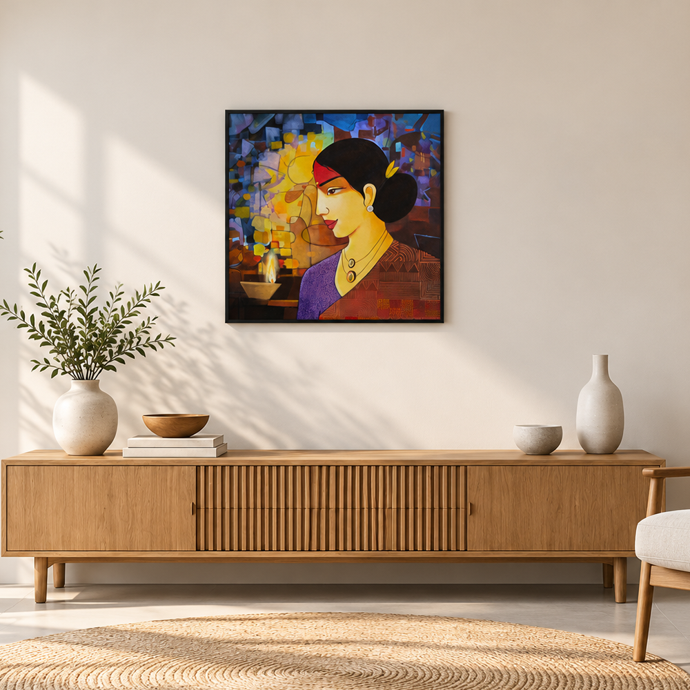 Lamp Glow | Maharashtrian Woman Delicately Rendered Painting