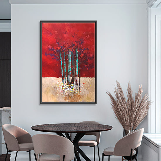 Crimson Canopy | Vibrant Red Forest Painting for Bold Wall Décor