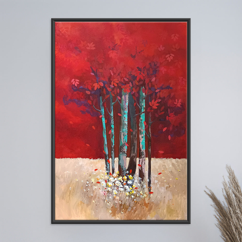Crimson Canopy | Vibrant Red Forest Painting for Bold Wall Décor
