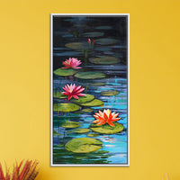 Lotus Reflections | Pink Water Lily Pond Canvas Painting - Image 1