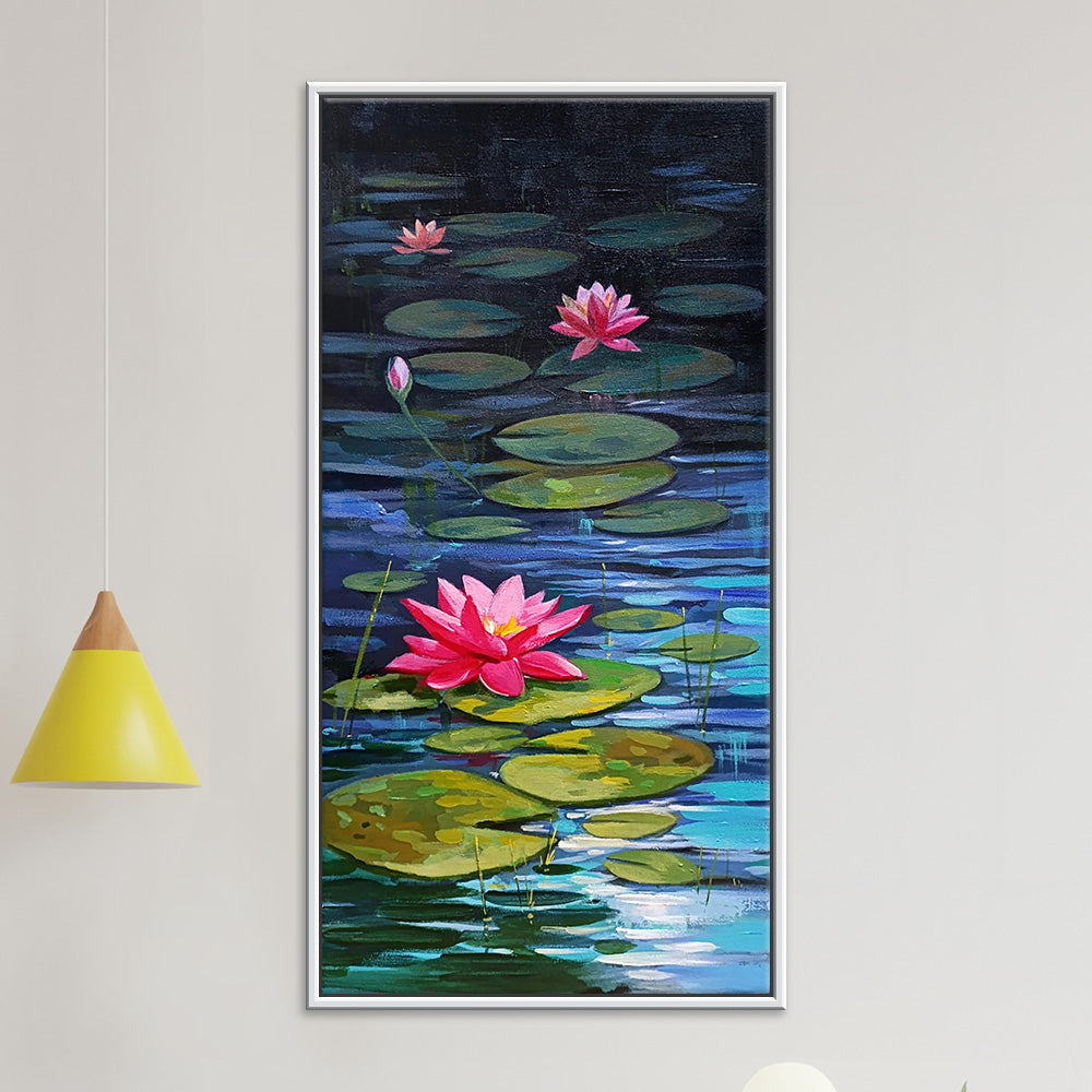 Floating Lotus in Bloom Art | Flower Canvas Painting | Vibrant Lotus Paintings