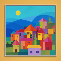 Sunlit Hillside Village | Colorful Village Houses Painting - Image 1