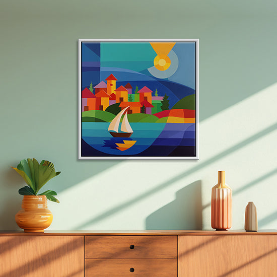 Dockside Geometry Paintings | Vibrant Boats At The Dockside | Landscape, Modern Handmade Painting