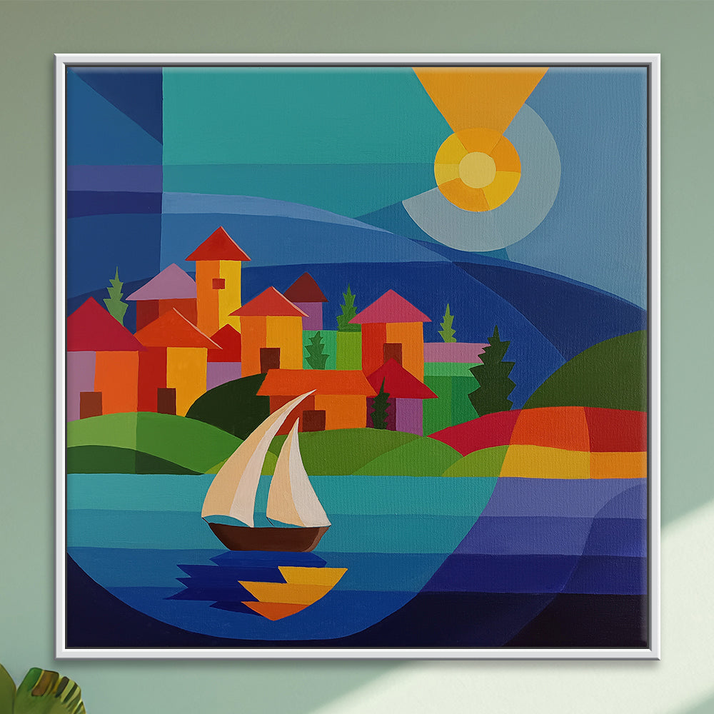 Dockside Geometry Paintings | Vibrant Boats At The Dockside | Landscape, Modern Handmade Painting