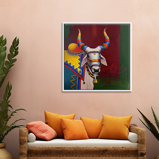 Sacred Stillness Painting | Handcrafted Sacred Nandi Art for Mindful Spaces | Handmade painting for Temple