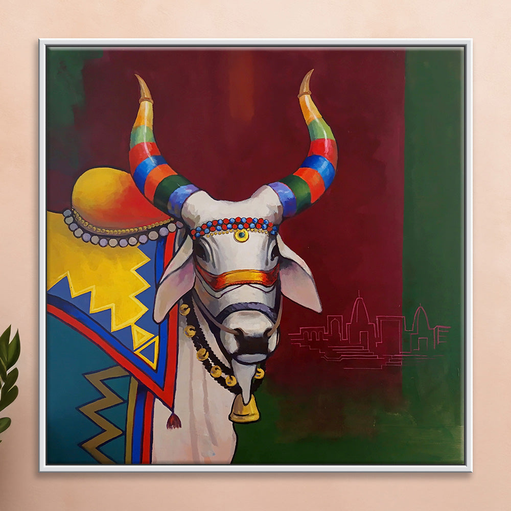 Sacred Stillness Painting | Handcrafted Sacred Nandi Art for Mindful Spaces | Handmade painting for Temple