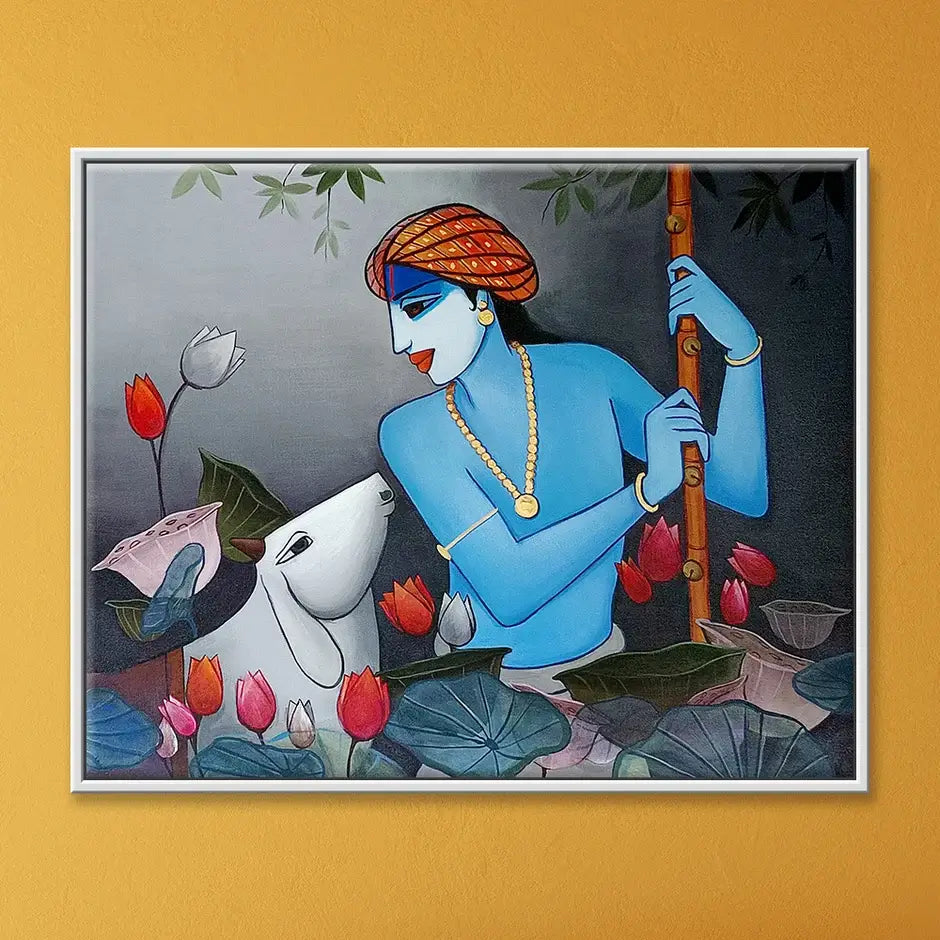 Govinda's Tender Touch | Krishna with Cow Painting by Sajaao