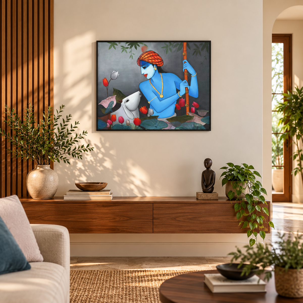 Govinda's Tender Touch | Krishna with Cow Painting by Sajaao