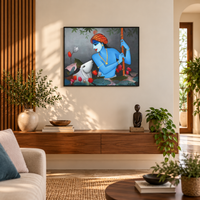 Govinda's Tender Touch | Krishna with Cow Painting by Sajaao - Image 2