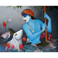 Govinda's Tender Touch | Krishna with Cow Painting by Sajaao - Image 3