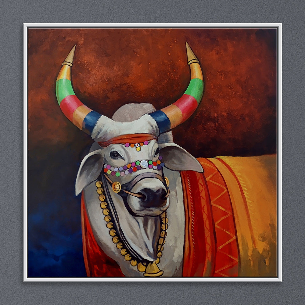 The Sacred Wait Painting | Peaceful Nandi Painting Capturing Devotion | Original Painting for Temple