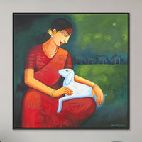 Tender Care | Woman Holding Lamb Delicately Rendered Painting - Image 1