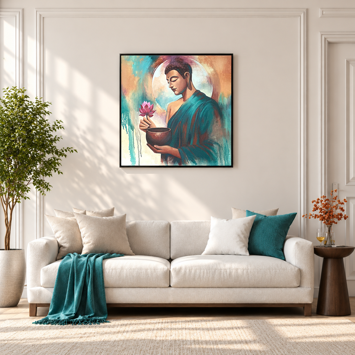 Buddha's Lotus Offering | Buddha with Lotus Painting by Sajaao