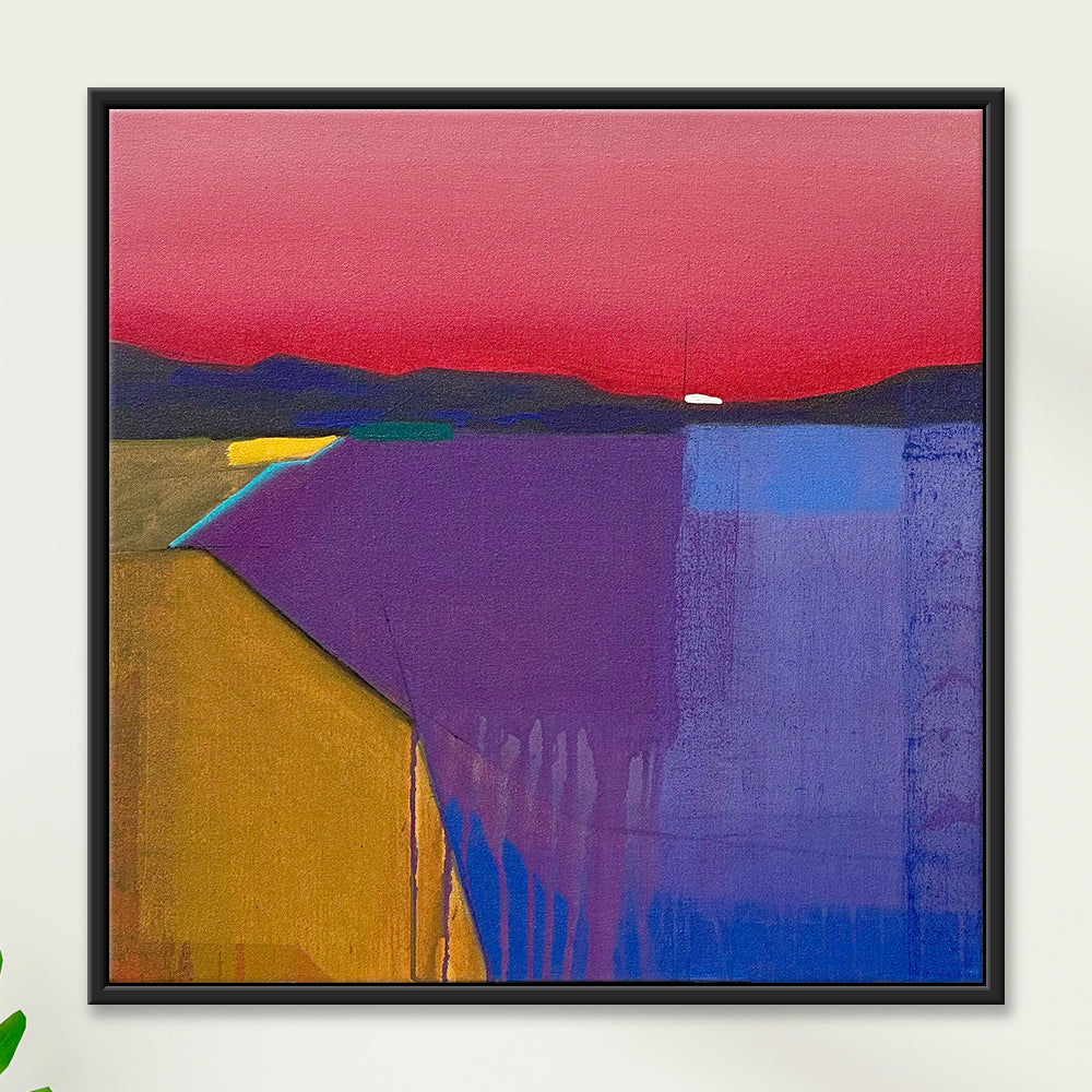 Painting of Sunset Divide, an abstract composition in confident colour and shape, 24" x 24" original painting