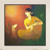 Village Memory | Indian Woman with Village Scene Painting - Image 1