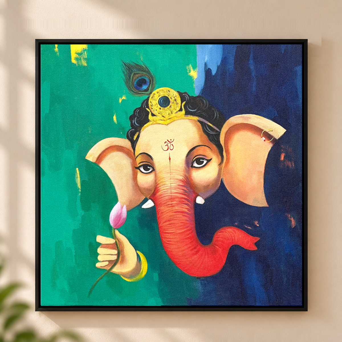 Devotional painting of a youthful Ganesha paired with lotus flower imagery, 24" x 24" original painting, finely detailed