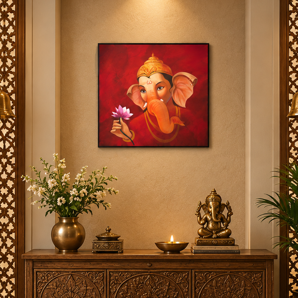 Gajamukha's Grace | Ganesha with Lotus Painting by Sajaao