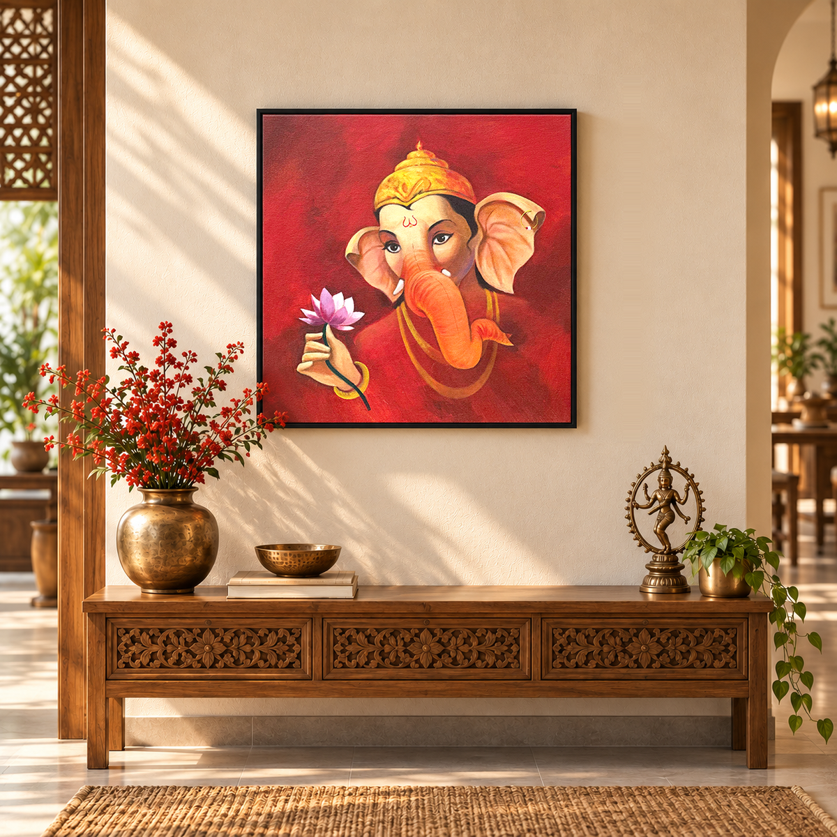 Gajamukha's Grace | Ganesha with Lotus Painting by Sajaao