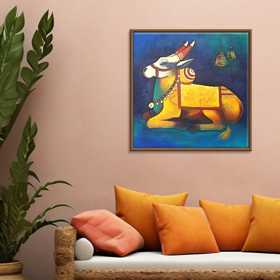 Omkara Carrier Painting | Traditional Nandi Canvas Embodying Shiva's Essence | Original Painting for Temple