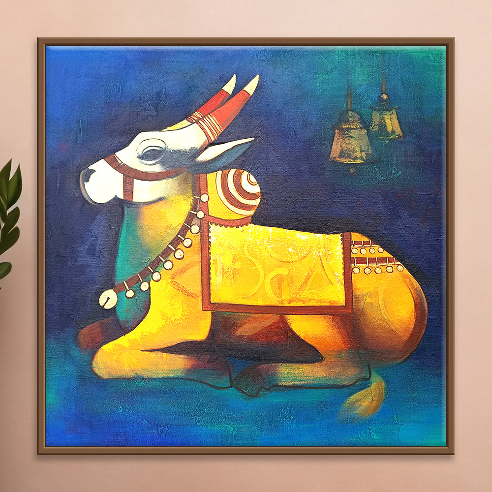 Omkara Carrier Painting | Traditional Nandi Canvas Embodying Shiva's Essence | Original Painting for Temple