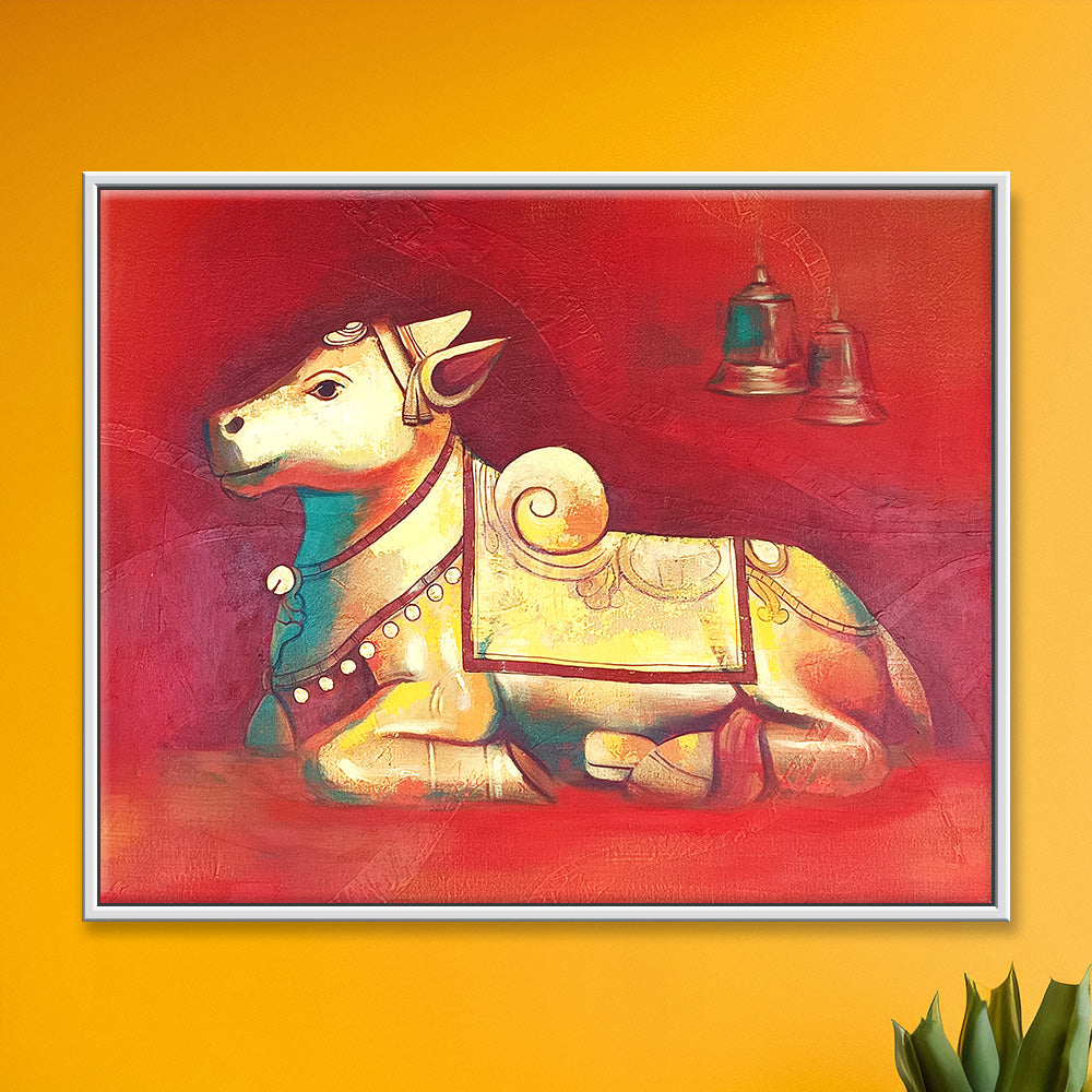 Kailash Vahana Painting | Mystical Nandi Canvas for Spiritual Interiors | Original Painting for Temple