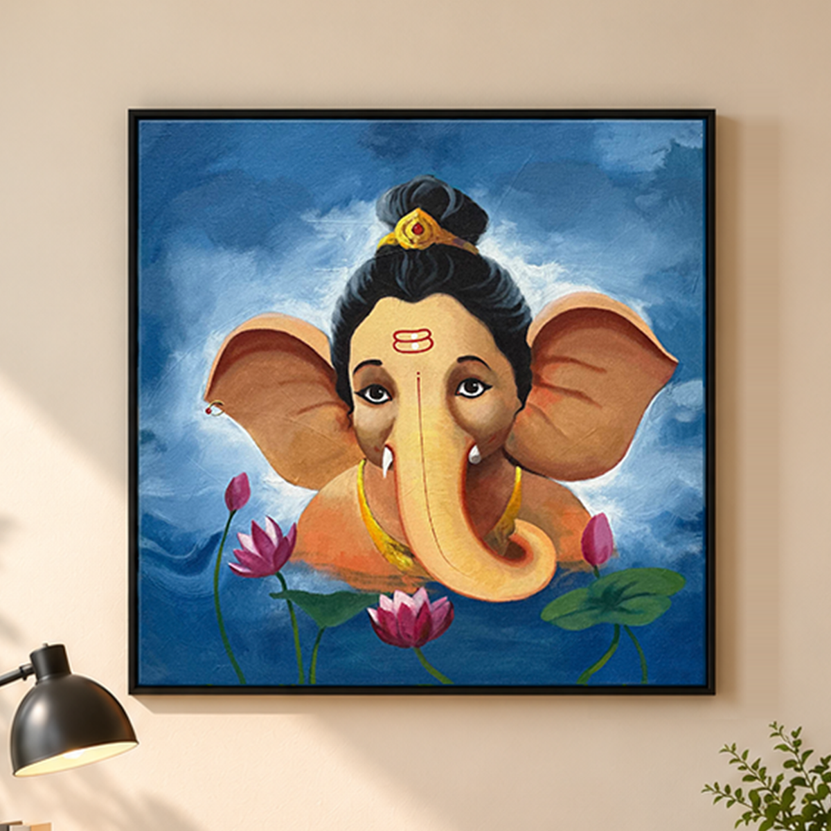 Bal Ganesha's Lotus | Ganesha with Pink Lotus Painting by Sajaao