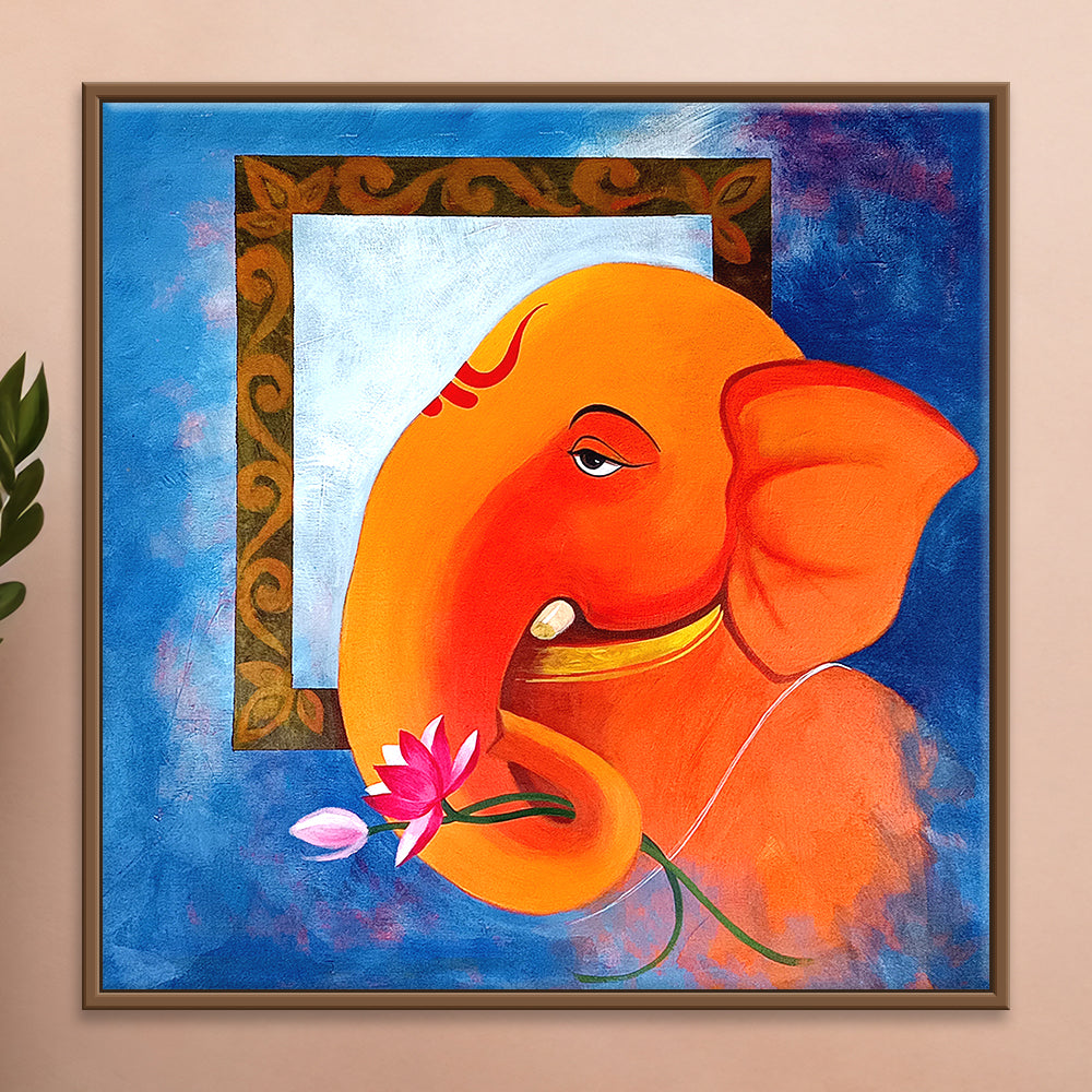 Ganesha Lotus Blessings Painting | Ganesha With Lotus Art | Spiritual, Modern Handmade Painting
