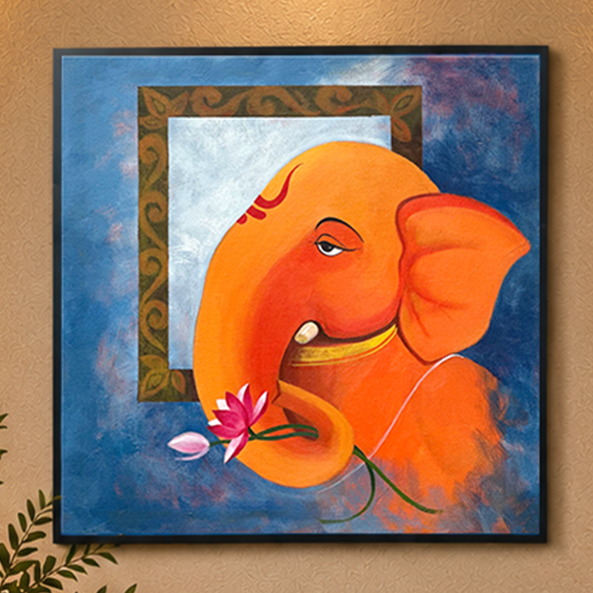 Devotional painting of Lord Ganesha depicted within an ornate decorative frame motif, 24" x 24" original painting