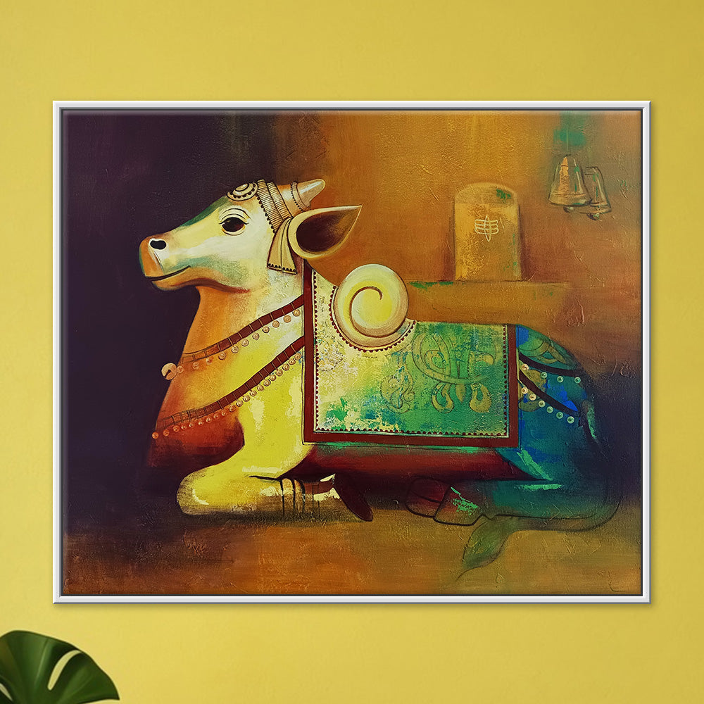 Tapasvi Nandi Painting | Nandi Art for Calm, Devotional Living Spaces | Handmade painting for Temple