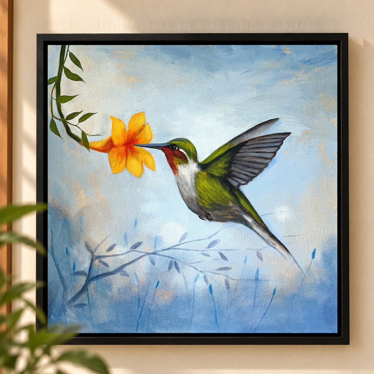 Painting of a hummingbird hovering beside yellow flowers with wings caught mid-blur in delicate detail, on canvas