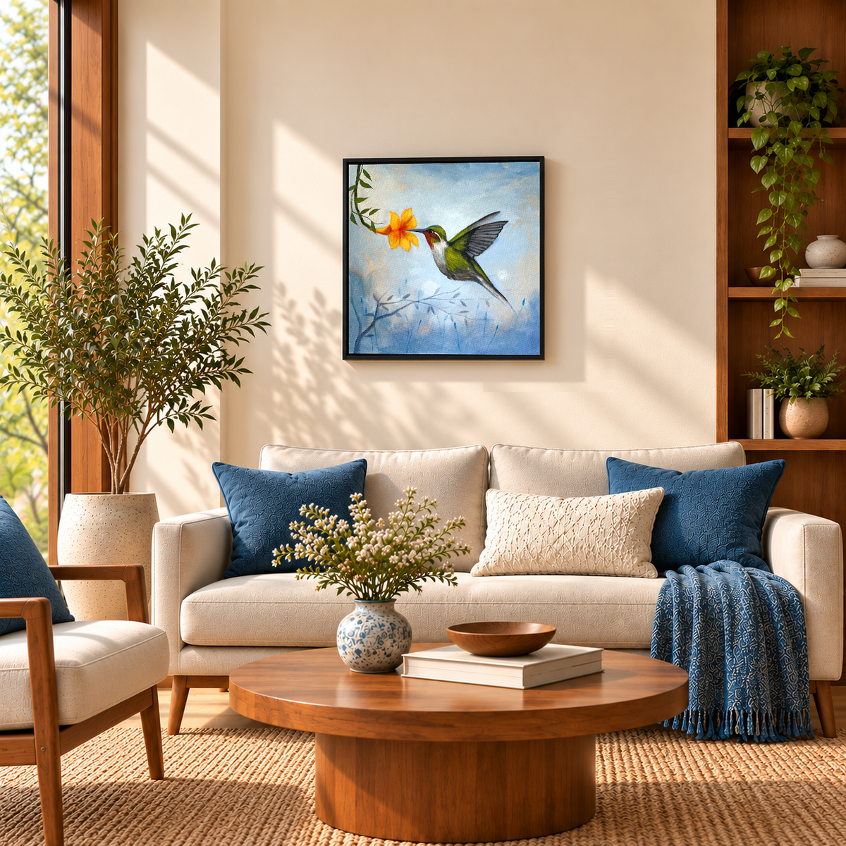 Hummingbird and Bloom | Yellow Flowers Contemporary Painting