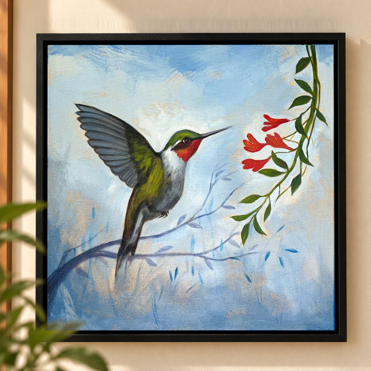 Painting of a hummingbird approaching red flowers with iridescent throat feathers against a green background